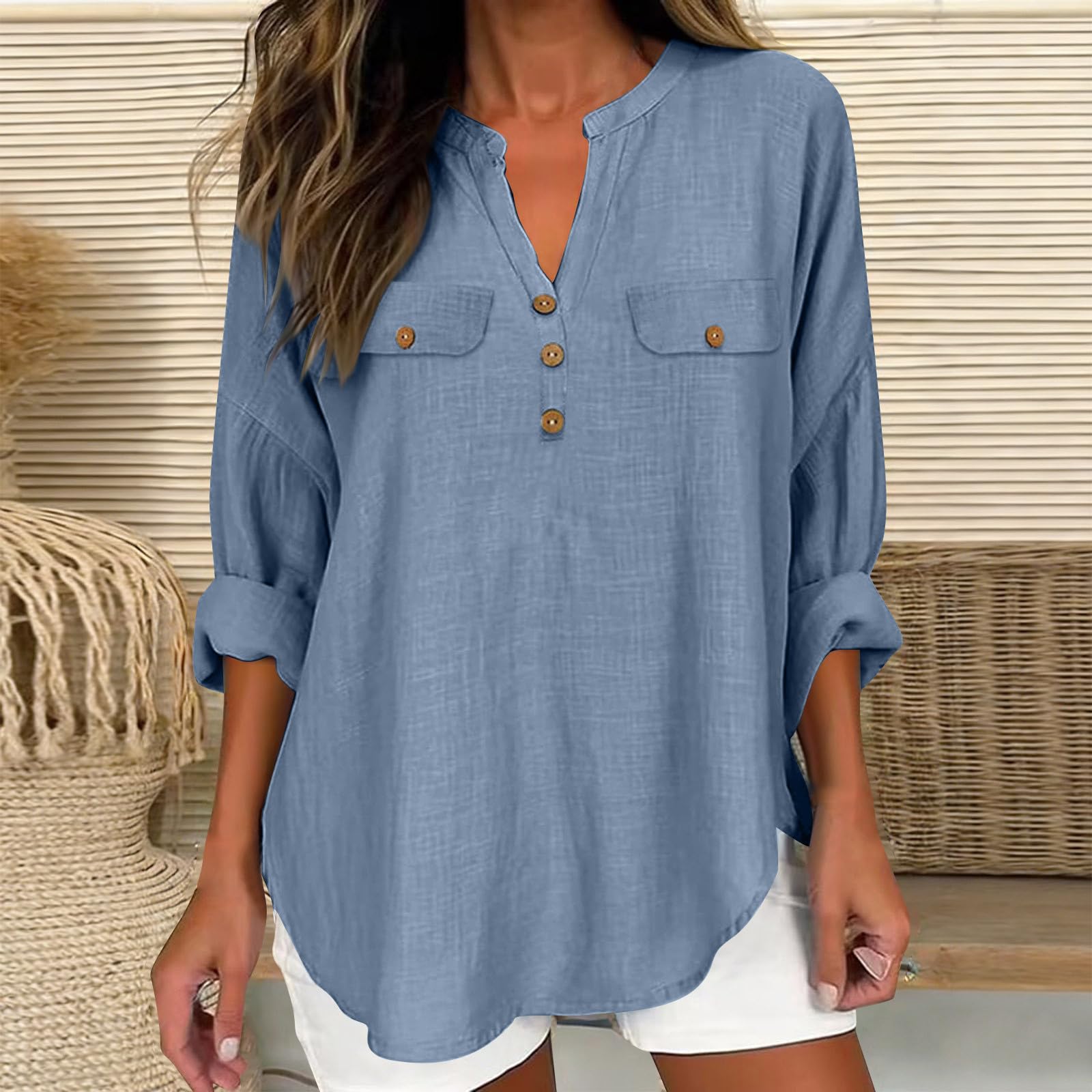 Summer Cotton Linen Tops for Women UK Long Sleeve Button Down Shirts Breathable Lightweight Linen Tops V Neck Pullover Casual Blouse Loose Fit Top for Work Office Wear UK 2026
