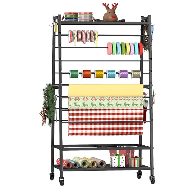 YAGEANNL RIBBON HOLDER-RIBBON ORGANIZER, DOUBLE-SIDED RIBBON HOLDER ORGANIZER RACK,LARGE CAPACITY ROLLING GIFT WRAP RACK RIBBON ORGANIZER FOR CRAFT ROOM