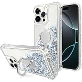 WORLDMOM for iPhone 16 pro Case,Bling Moving Liquid Floating Sparkle Colorful Glitter Waterfall TPU Protective Case with Ring Kickstand 6.3", Silver
