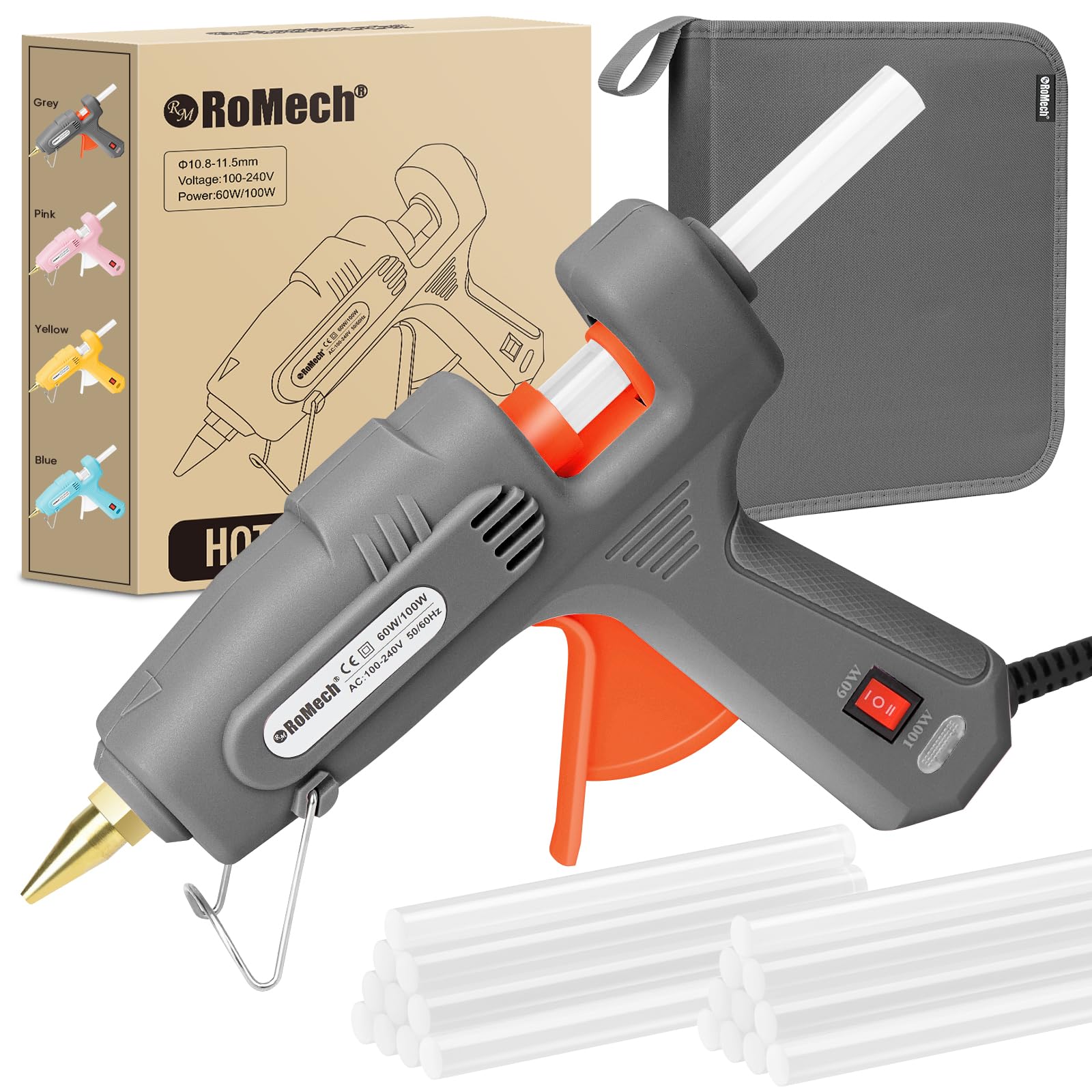 Photo 1 of ROMECH Full Size Hot Glue Gun with 60/100W Dual Power and 21 Hot Glue Sticks (7/16"), Fast Preheating Heavy Duty Industrial Gluegun with Storage Case for Crafting, DIY and Repairs (Gray)