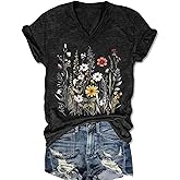 Women's T-Shirts V-Neck Boho Flowers Wildflowers Graphic Tees Shirts Cute Casual Summer Tops Short Sleeve T Shirt