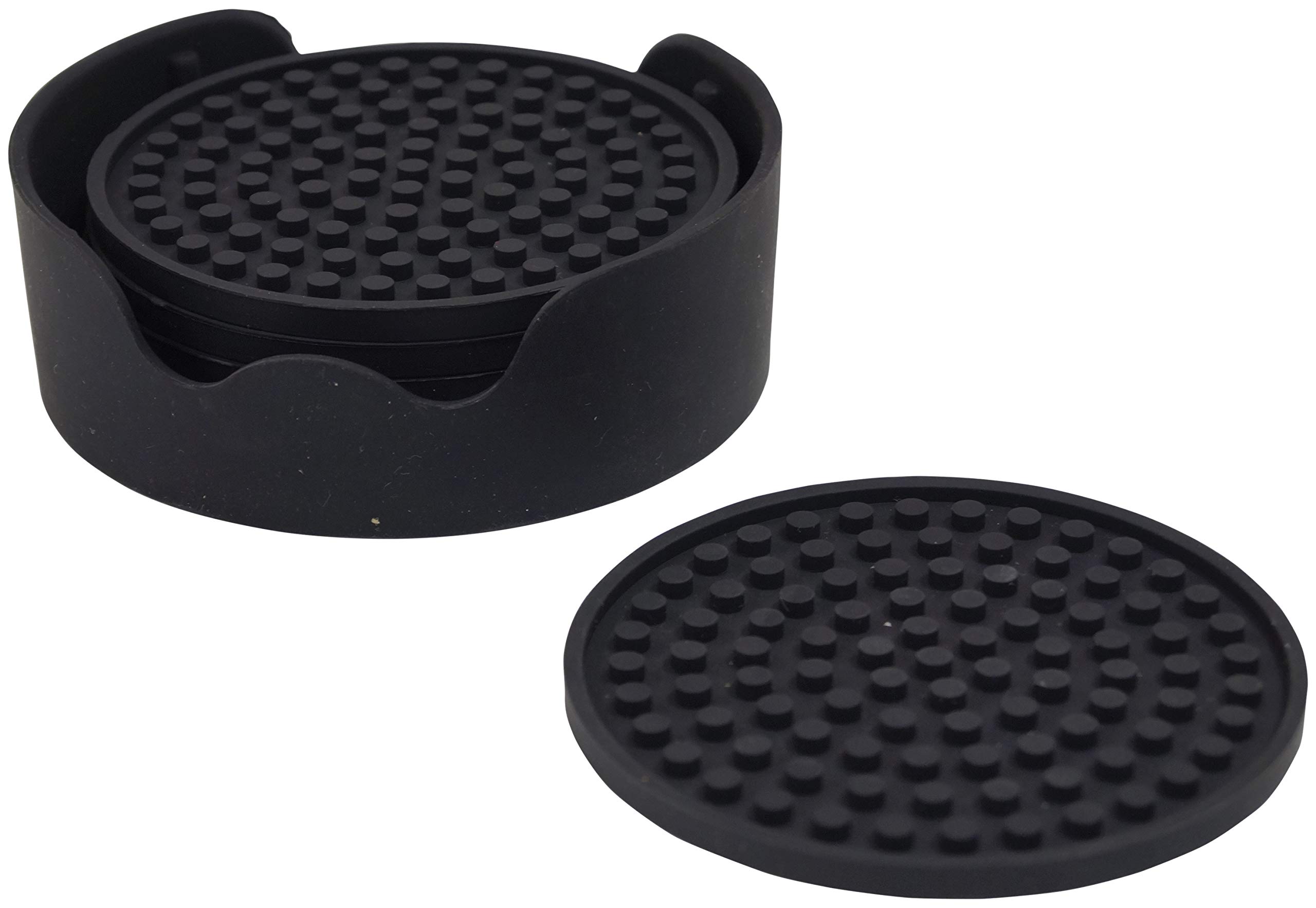 Aidapt Black Non Slip Heat Proof Coasters Mat Round 12x12 cm for Coffee, Tea, Beer, Mug, Cup, Glasses on Tables, Counters, Cabinets. Set of 4 in a Holder
