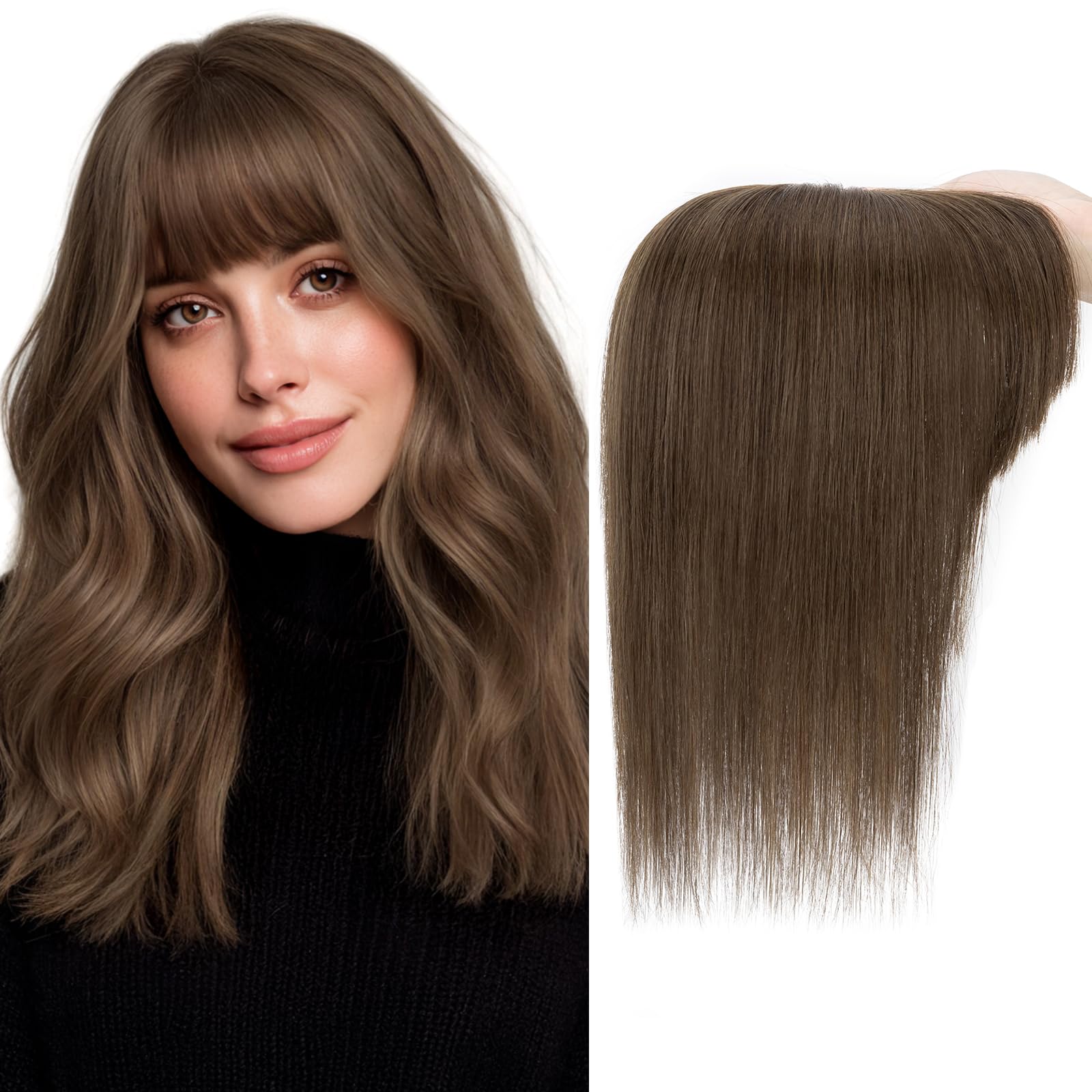 Photo 1 of Charites Hair Toppers for Women Real Human Hair 10 Inch Long Straight Toppers for Women with Thinning 7 * 13CM Silk Base Clip in Hairpieces with Bangs (Chocolate Brown)