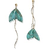 JIUIQL Unique Chic Lightweight Handmade Asymmetry Long Blue White Mermaid Tail Dangle Drop Earrings Elegant Sparkly Crystal Chain Stud Earrings for Women Girls Statement Jewelry Gifts