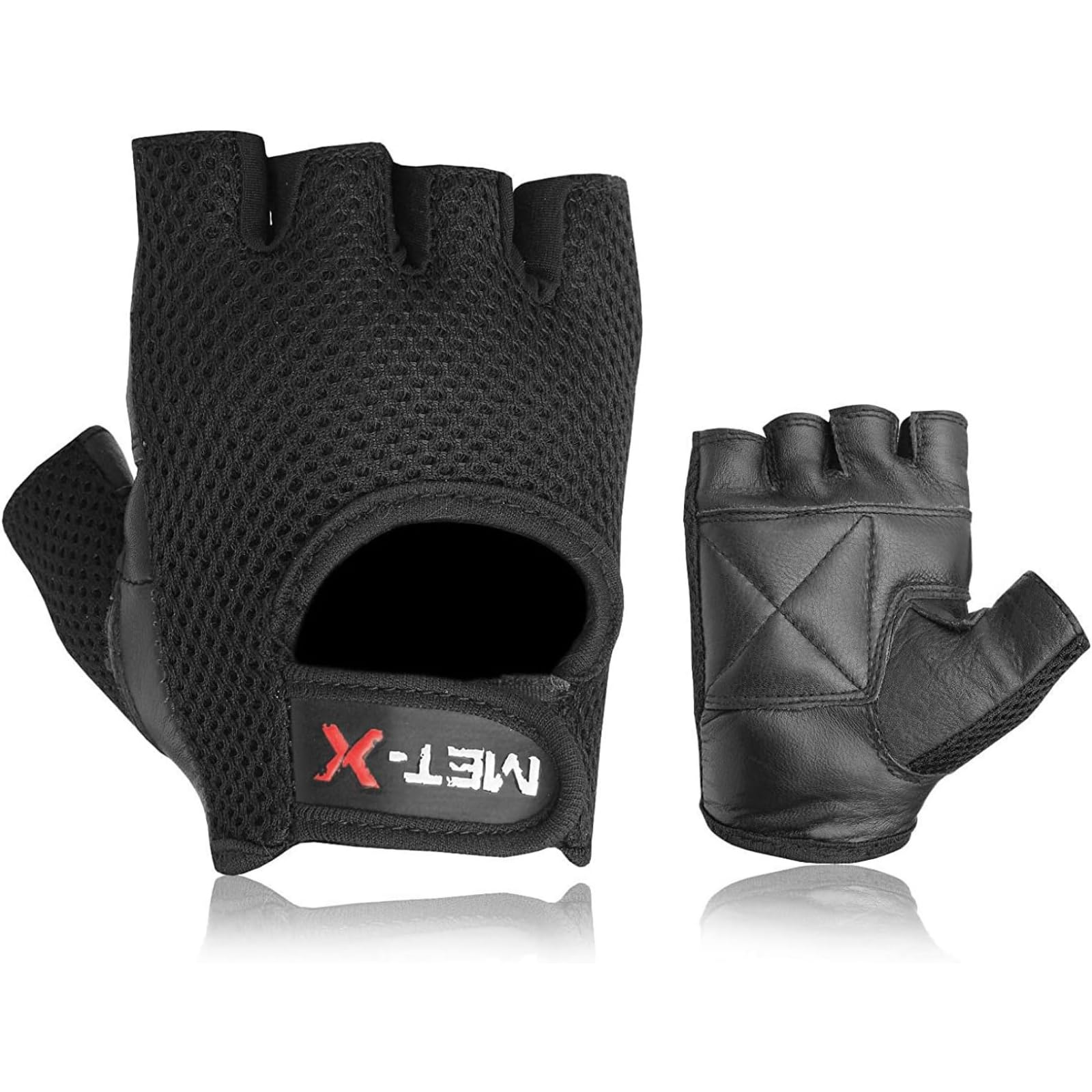 Met-X Suede Leather Microfibre Fabric Gym Training Gloves Medium, Unisex Fingerless Weight Lifting Wheel Chair Gloves, Snug Fit Workout Exercise Extra Grip Breathable (Black-M)