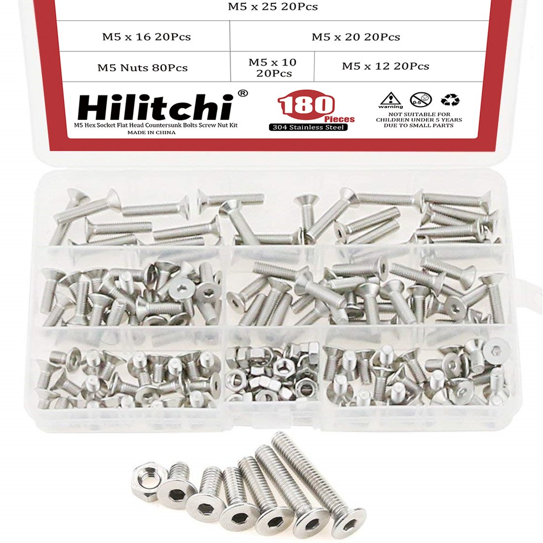 Hilitchi 180-Piece Metric M5 Hex Socket Flat Head Countersunk Bolts Screw Nut Assortment Kit - 304 Stainless Steel