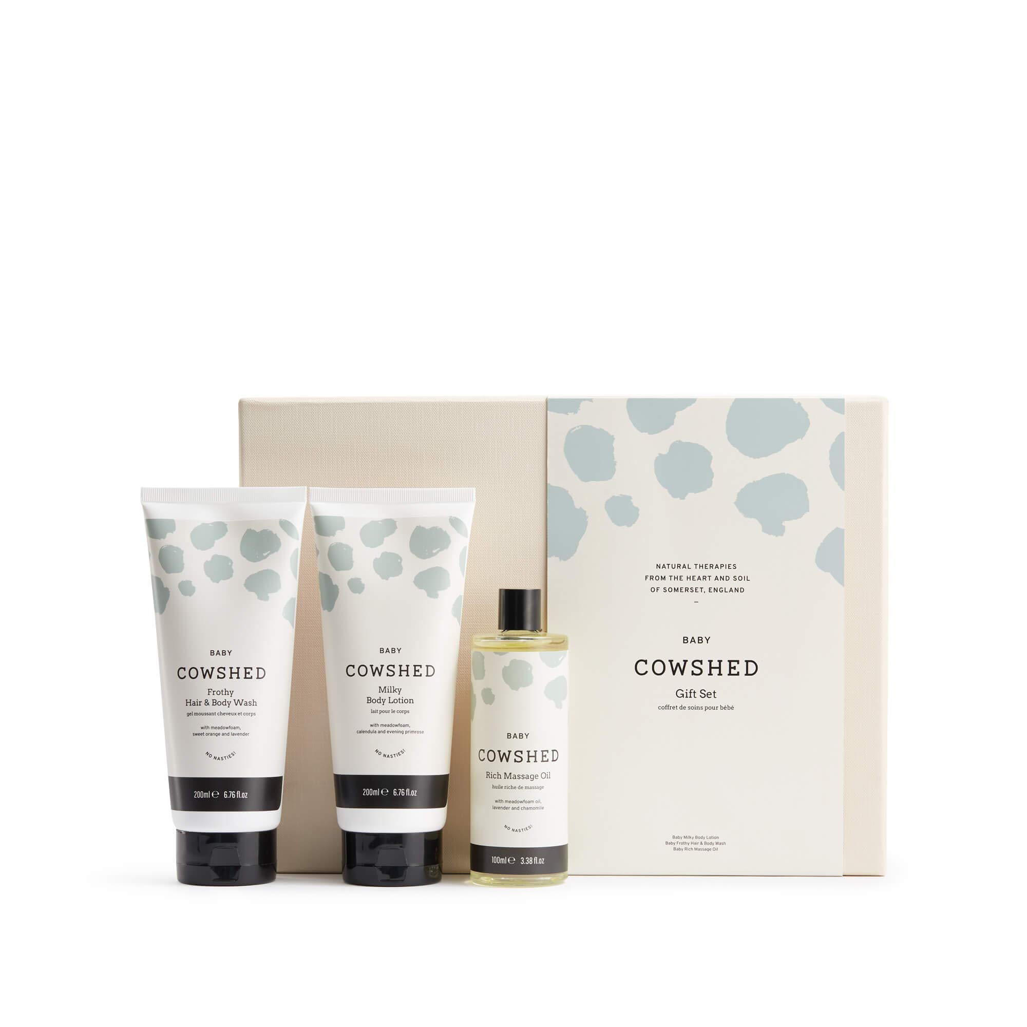 Cowshed Baby Luxury Caring Collection Set of 3 | Paraben-Free Frothy Hair and Body Wash 200ml & Milky Body Lotion 200ml & Massage Oil 100ml for Babies Set | Luxury Nourishing Baby Bathing Kit