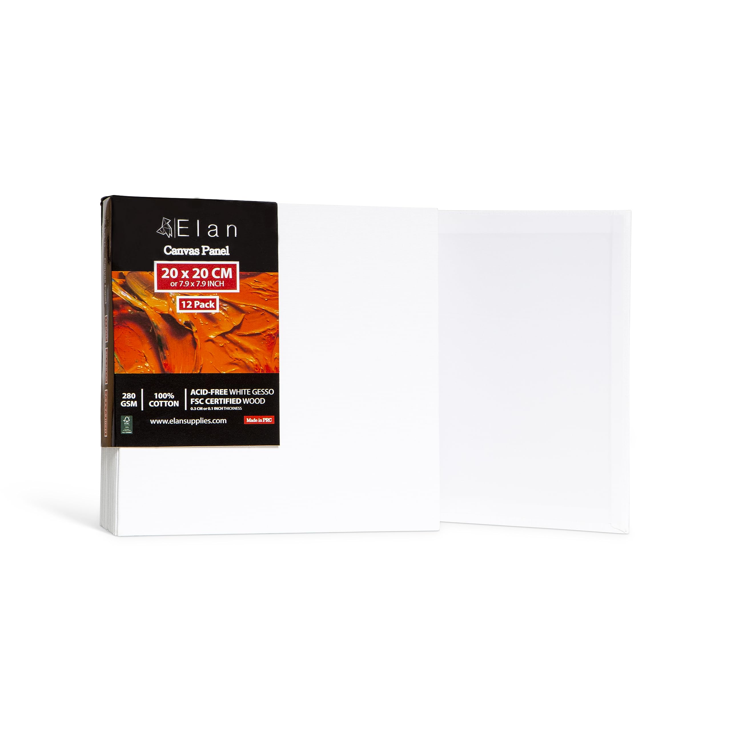 Elan Cotton Canvas Panels for Painting 20x20 CM, 12-Pack Art Canvases for Painting, Triple Primed Blank Canvases for Art, 20x20 Canvas Boards