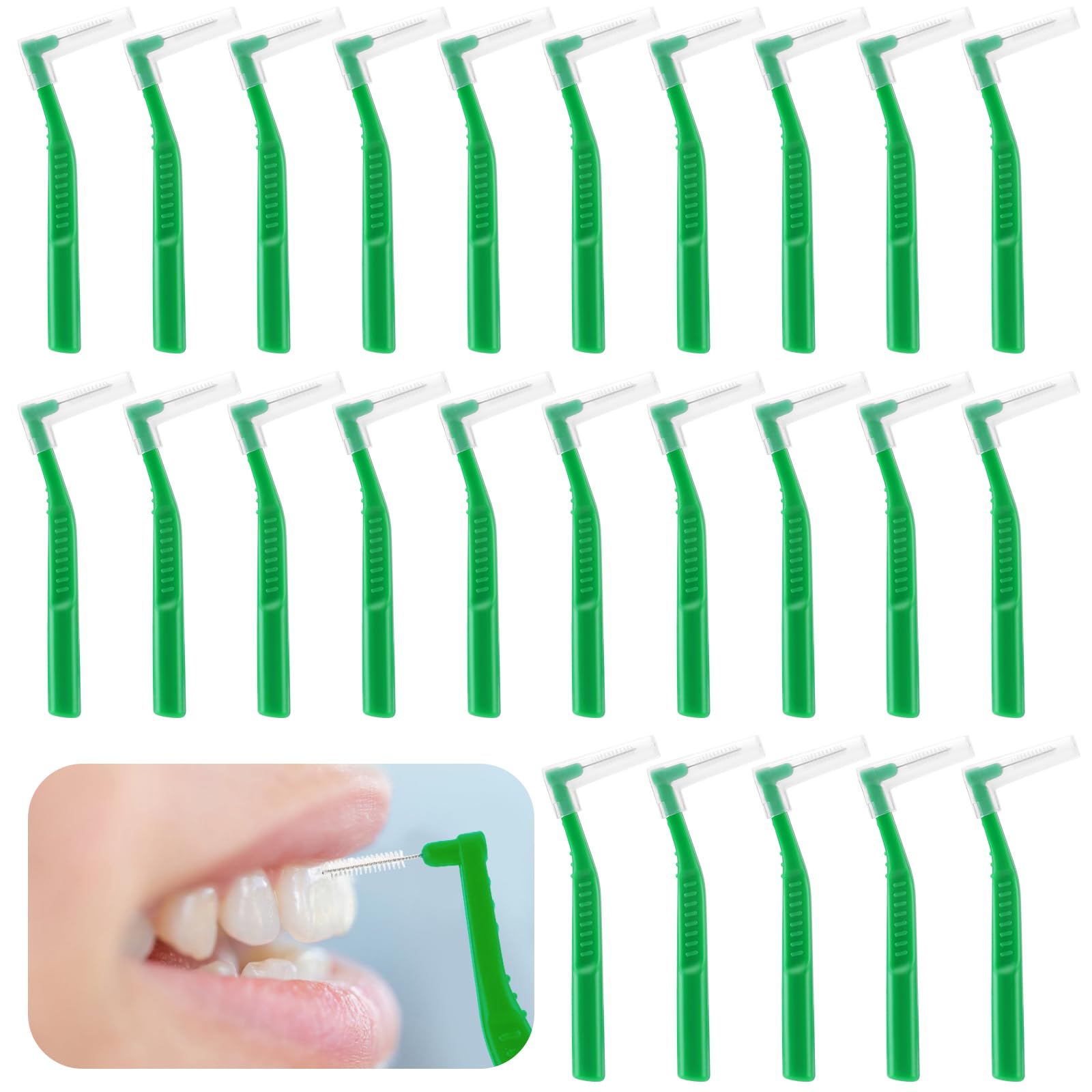 Prasacco 25 Pcs Interdental Brush, Dental Brushes for Between Teeth and Gums Small L Shaped Interdental Brushes Universal Teeth Braces Angle Alternative Brushes Tooth Cleaning Tool(Green 0.8mm)