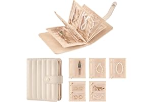 Lolalet Travel Jewelry Organizer Case, Portable Jewlery Storage Book Portfolio Binder with Zipper Velvet Pouch for Women -Bei