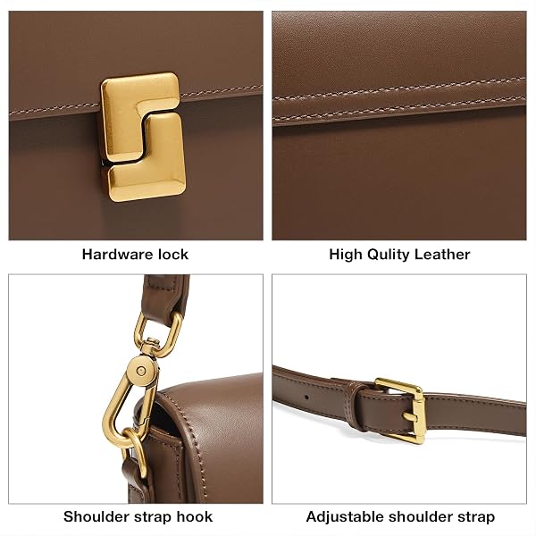 FOXLOVER CLASSIC LEATHER CROSSBODY SHOULDER BAG WITH GOLD-TONE BUCKLE-ADJUSTABLE STRAP ELEGANT PURSE, BROWN