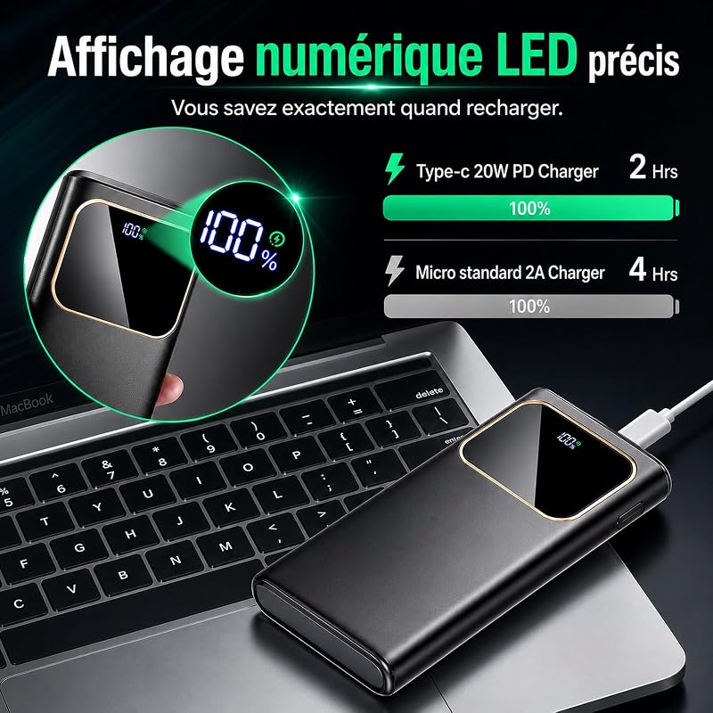 2026 Batterie Externe, 10000mAh 22.5W Power Bank, Batterie Portable USB C Input & Output PD3.0 QC4.0,Charge Rapide Powerbank à Affichage LED pour iPhone Samsung et Autres téléphone（Noir） — photo 5 sur 7