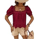 SweatyRocks Women's Square Neck Puff Sleeve Eyelet Lace Hollow Out Embroidered Top Blouse
