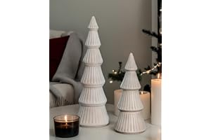 AOMOONOA White Wooden Christmas Tree Figurine, 2Pcs Decorative Trees for Tabletop, Small Distressed White Xmas Trees Set for Vintage Christmas Mantle Indoor Decor(MDF Wood)