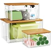 MIXISAV 3 Pack Trash Bag Holder Dispenser with Lid, Extra Large Stackable Plastic Garbage Bag Holder Dispenser Under Sink for Kitchen, Pantry, Laundry Room, Cabinet Organizer and Storage