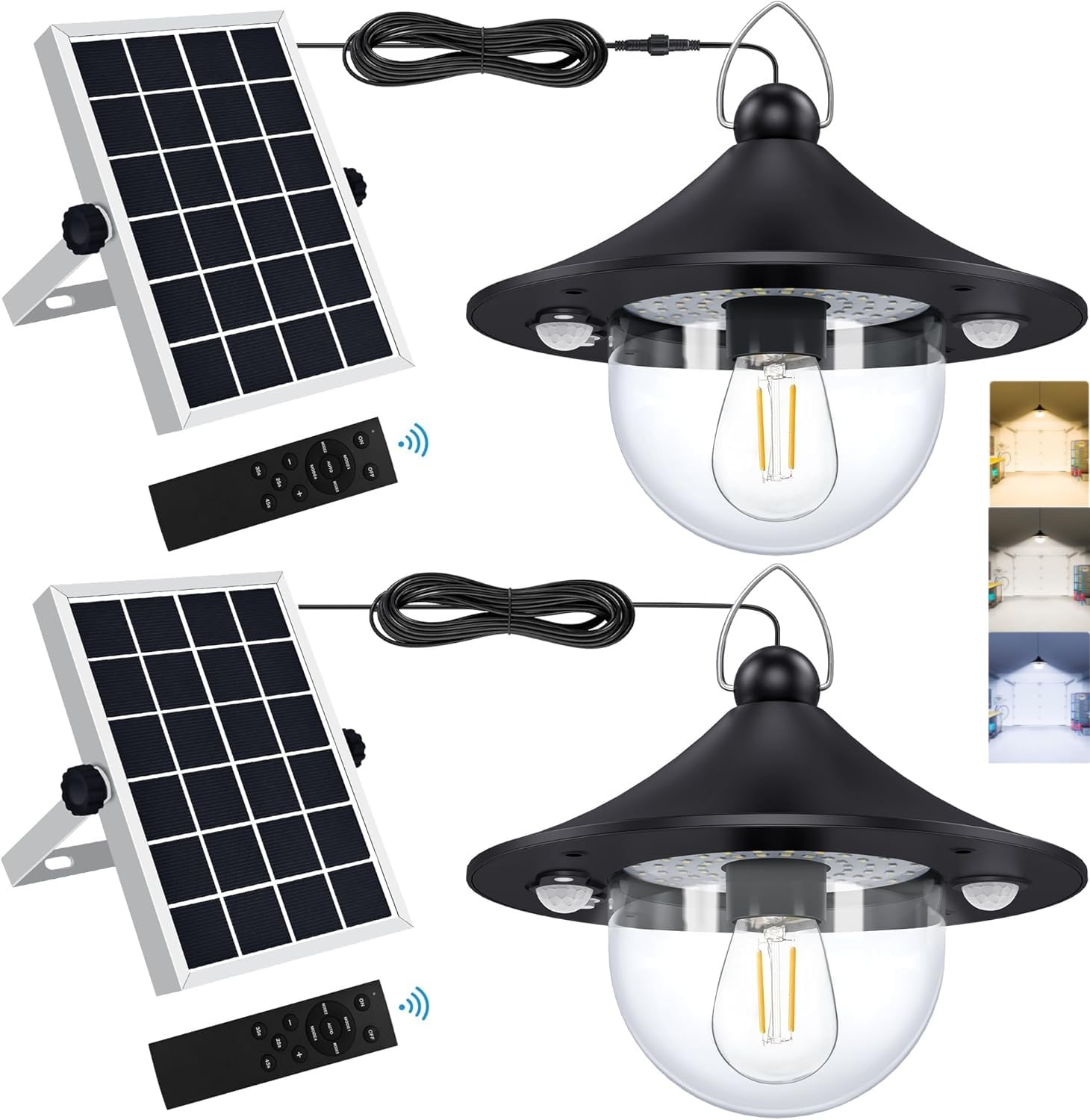 Teilybao Solar Pendant Light Outdoor Indoor, Solar Shed Light with Motion Sensor/Remote/5 Lighting Modes, Waterproof LED Solar Barn Lights for Inside House, Gazebo, Patio, Barn (Black-2 Pack)