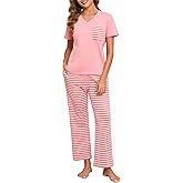 Donnalla Women's Pajama Sets Cotton 2 Piece Lounge Set V Neck Short Sleeve Pj Set Comfy Loungewear Sleepwear with Pocket