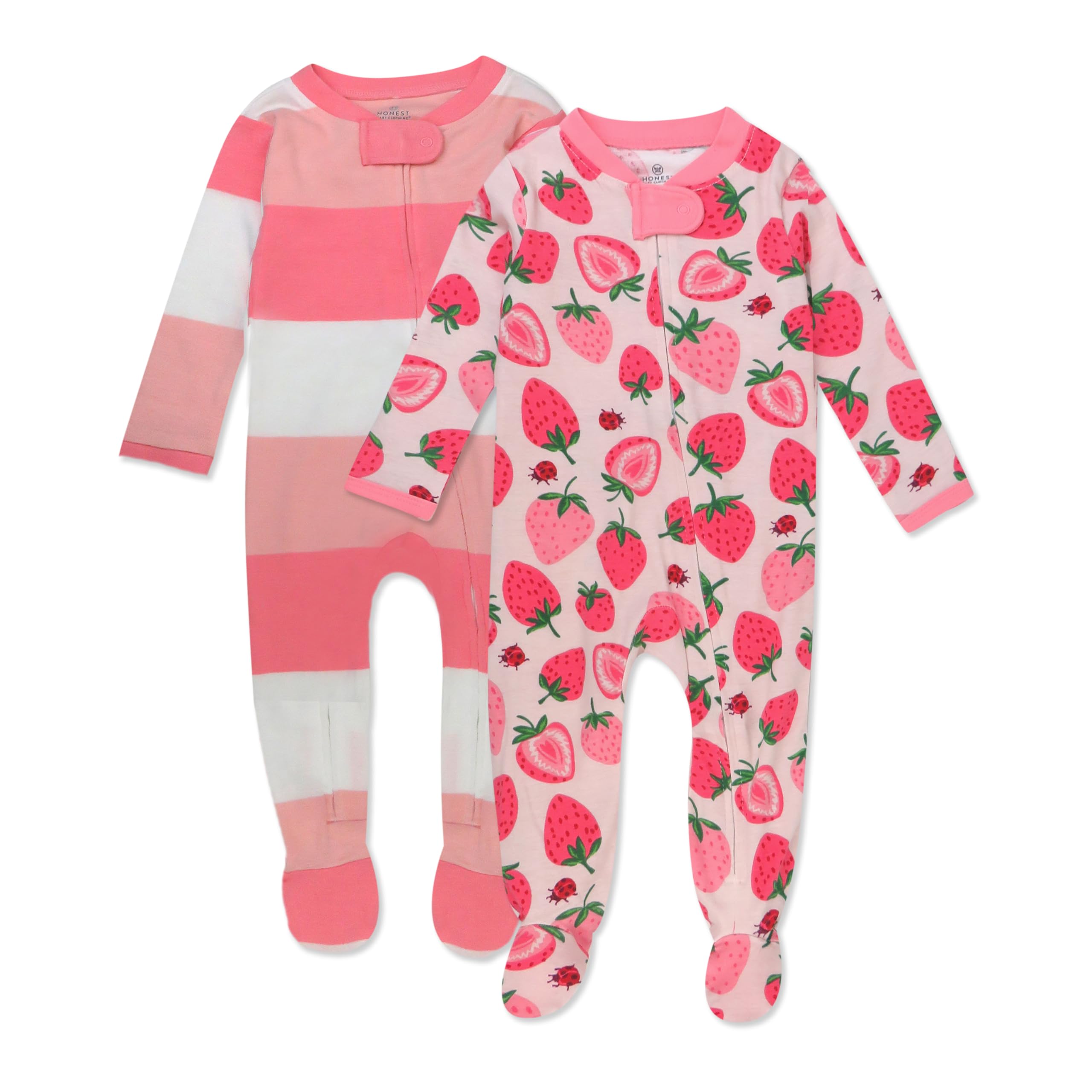 HonestBaby 2-pack Sleep and Play Footed Pajamas One-piece Sleeper Jumpsuit Zip-front Pjs Organic Cotton for Baby Girls, Unisex, Strawberry Slice, Newborn Image