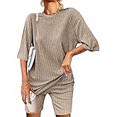 Ekouaer Pajamas 2 Piece Lounge Sets Ribbed Knit Matching Outfits T-shirt Biker Shorts Sleepwear Loungewear Sweatsuits