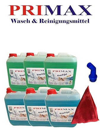 6 x 5 Liter Primax Flüssigwaschmittel 3 x grün 3 x blau mit Ausgießer Waschgel Waschmittel