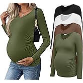 Ekouaer Womens Maternity Shirts Long Sleeve 4 Pack V Neck Side Ruched Pregnancy Tops Blouse Casual Mama Clothes S-XXL