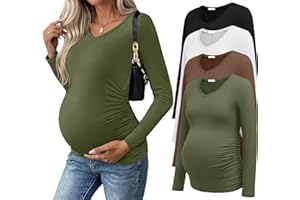 Ekouaer Womens Maternity Shirts Long Sleeve 4 Pack V Neck Side Ruched Pregnancy Tops Blouse Casual Mama Clothes S-XXL