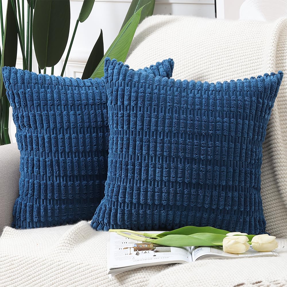 Madizz Pack of 2 Boho Striped Corduroy Throw Pillow Covers 16x16 inch, 40x40 cm, Blue Soft Decorative Cushion Cover for Sofa Bedroom Pillow Shell — image 1