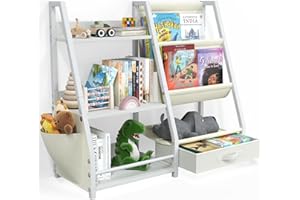 CMFYDAILY Montessori Kids Bookshelf, Wooden Baby Bookshelf with 3 Tier Toy Storage Shelf, Movable Drawer & Side Packet for Bedroom Playroom Nursery