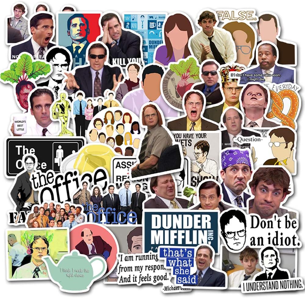 The Office Merchandise Stickers for Hydro Flask [50pcs] Funny Quote Pack with Dunder Mifflin Michael Dwight Jim Mike design for Water Bottles Laptop Folder Computers Guitar Bike Helmet Car, Best Gift