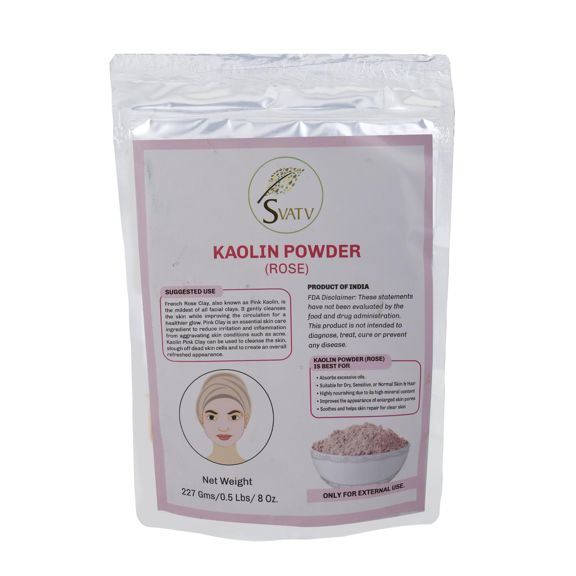 SVATV Rose Kaolin Powder For Face Mask Herbal Makeup, Bath Bomb Clay, DIY Spa Mud Mask For Facial 227 Grams Half Pound