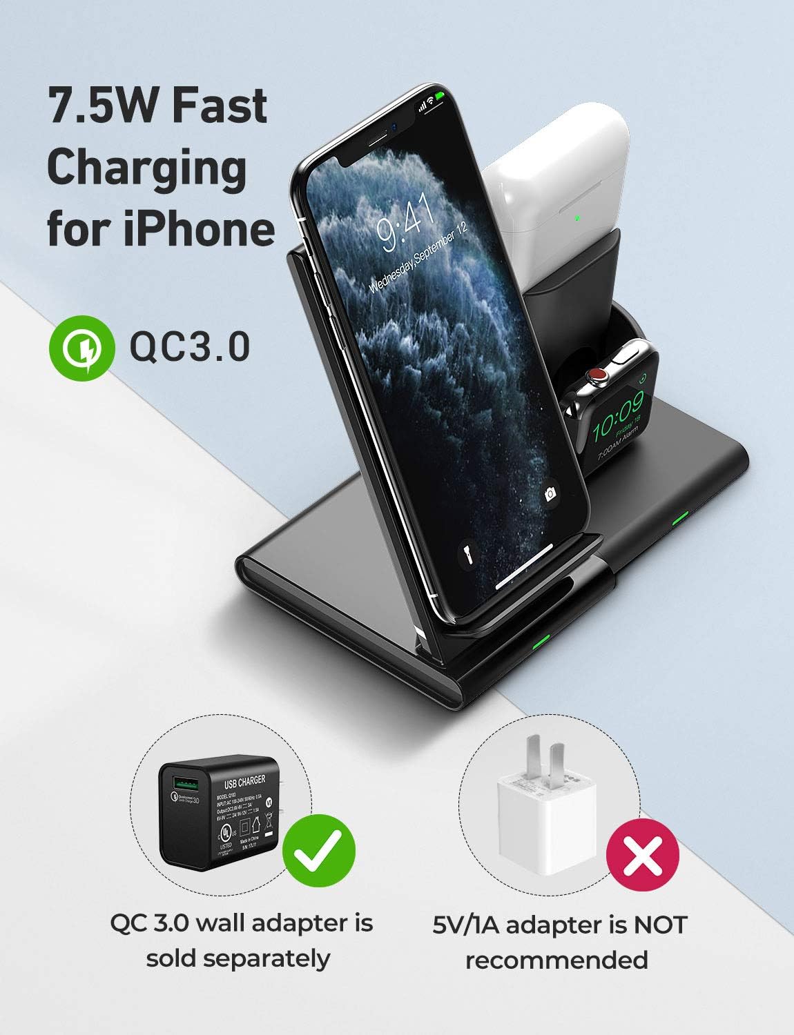 Seneo Wireless Charger, 3 in 1 Wireless Charging Station for Apple Watch, AirPods Pro/2, Detachable and Magnetic Wireless Charging Stand for iPhone 11 Pro Max/X/XS/XR/8Plus(NO QC 3.0 Adapter)