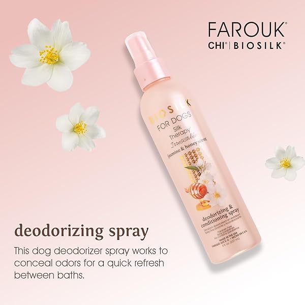 BIOSILK FOR DOGS SILK THERAPY IRRESISTIBLE DEODORIZING AND CONDITIONING SPRAY, SCENTED, JASMINE AND HONEY SCENT, PARABEN FREE, MADE IN THE USA, 8 FL OUNCES