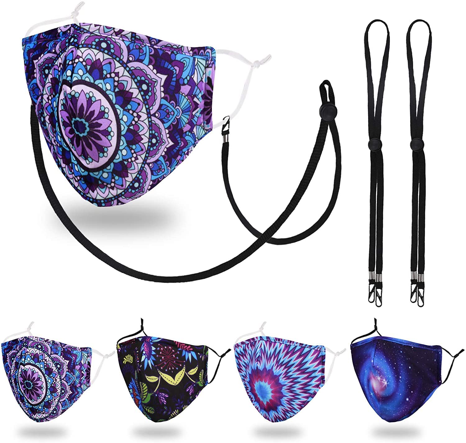 3 Ply Reusable Washable Face Masks Women 4 Pcs Adjustable Facemasks Breathable Fabric Covering Facemask Floral Anti Fog Glasses Wearers Cloth Mask Uk Ear Loops Lanyard Nose Wire Ladies Facemasks.