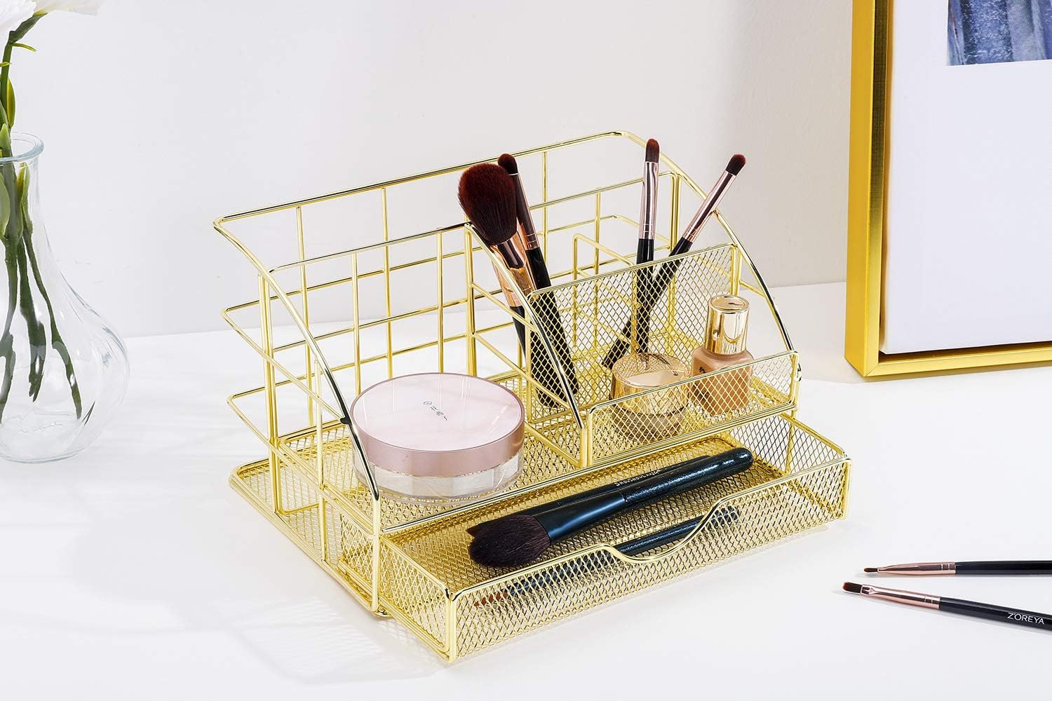 Upgraded Desk Organizer for Women, Cute Mesh Office Supplies Accessories Essentials Caddy with Drawer for Home & Office Desktop Organization & Decor, Gold : Office Products
