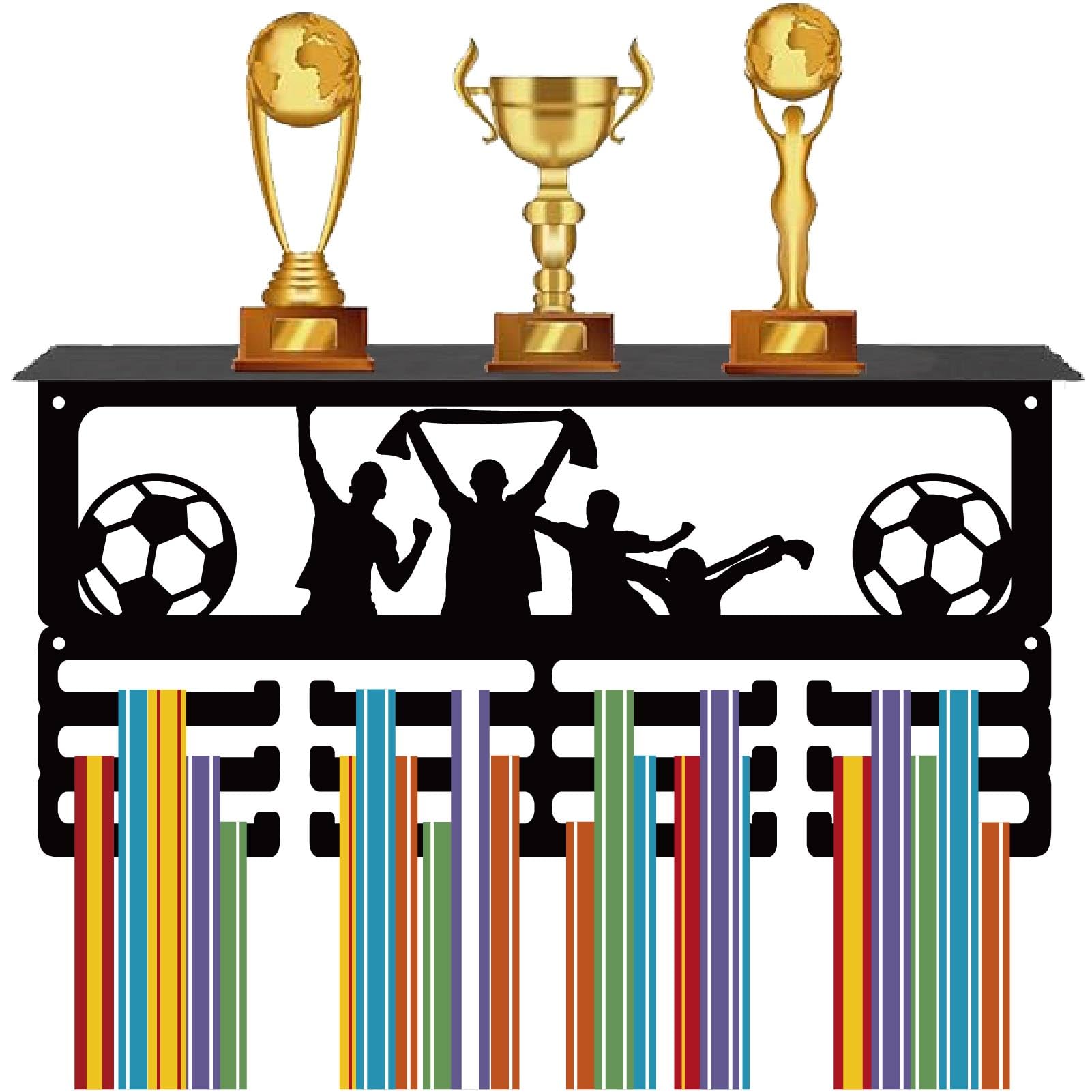 CREATCABIN Football Medal Hanger Display Trophy Shelf Soccer Medal Holder with Shelf Stand Sports 4 Rows Metal Hanging Wall Mount Hold 70+ Medals for Competition Ribbon Medals Rack Black 15.7x7.9Inch