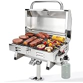 Boat Grill with Rod Holder Mount, Large Cooking Area for 4-5 People, Thickened 304 Stainless Steel, 3-Min Setup, Fast and Even Heating, Easy to Clean, Portable for Marine &amp; Land Use, 1 Year Warrnaty