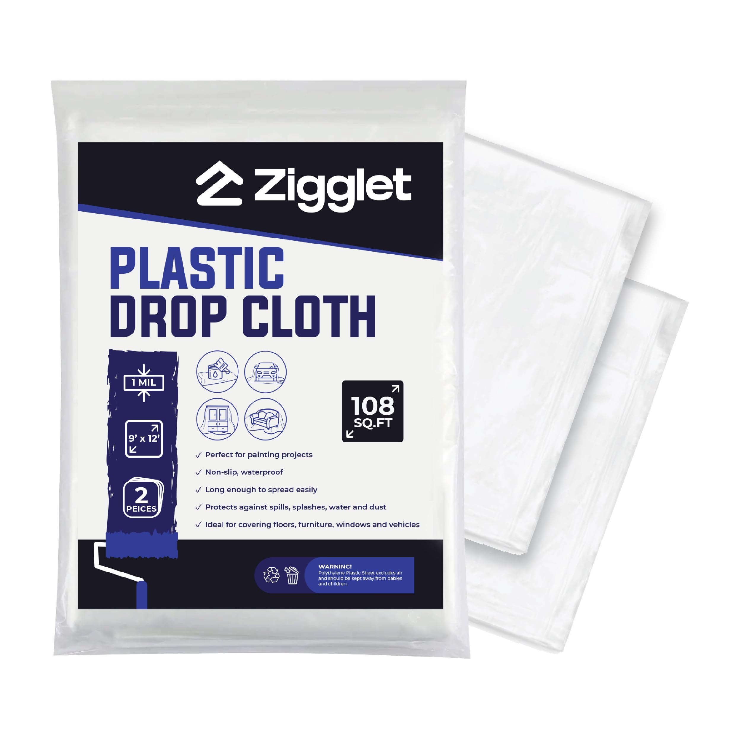 Photo 1 of (2 Pack - 9x12 ft) 1 Mil Plastic Drop Cloth for Painting, Clear Non-Slip & Waterproof Painters Tarp, Ideal Floor Protector & Furniture Covering, Plastic Sheets Dust Cover