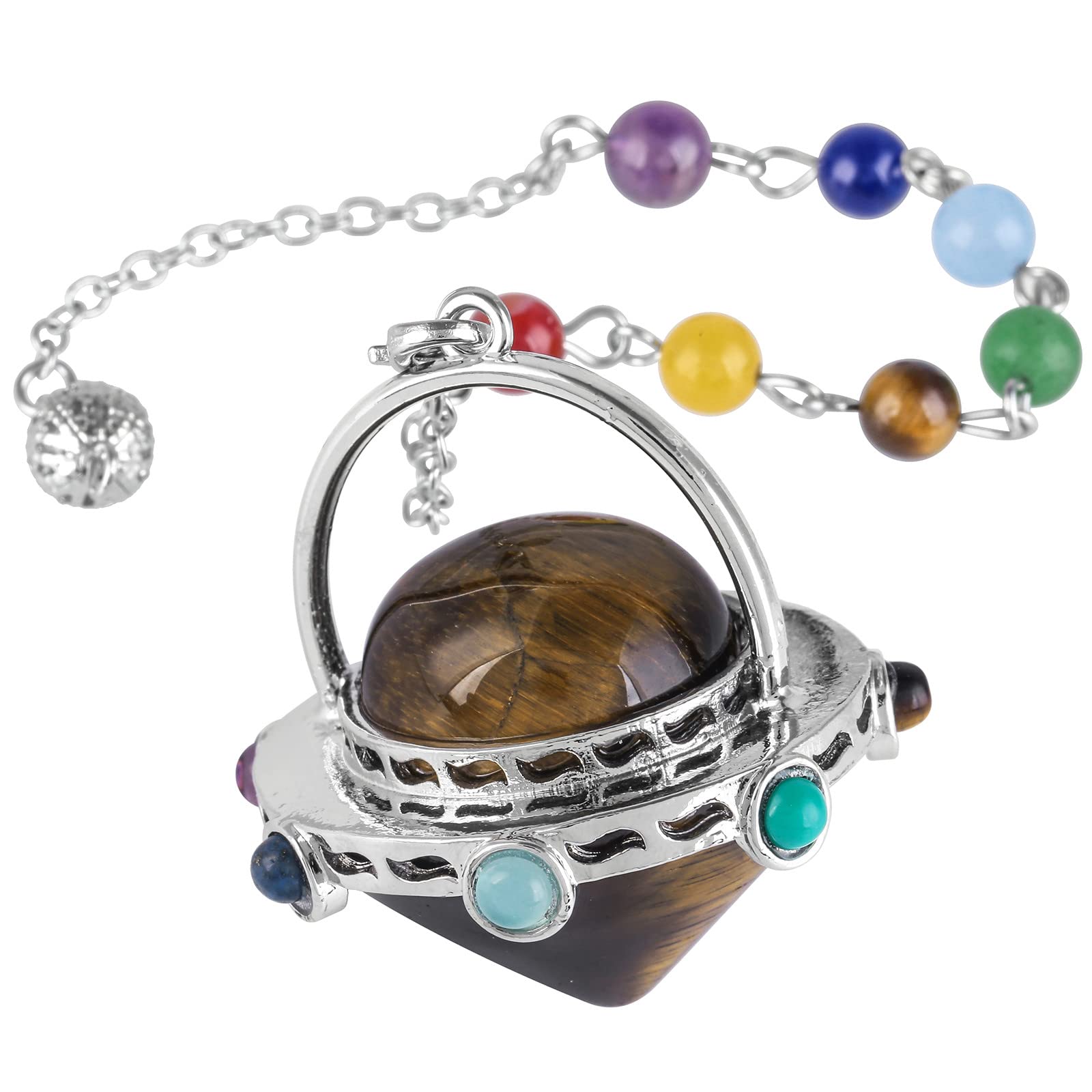 Nupuyai 7 Chakra Tiger's Eye Crystal Quartz Point Pendulum for Divination Dowsing Scrying, Energy Healing Stone Pendulum with Beads Chain