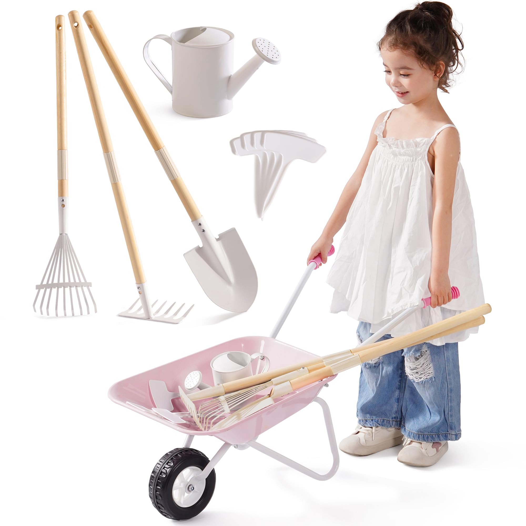 ROBOTIME Kids Metal Wheelbarrow & Planting Tools, 5PC Large Gardening Set with Adjustable Pine Handle, Outdoor Backyard Playset with Watering Can, Rake, Shovel, for Boys & Girls Ages 3+ (Pink White)