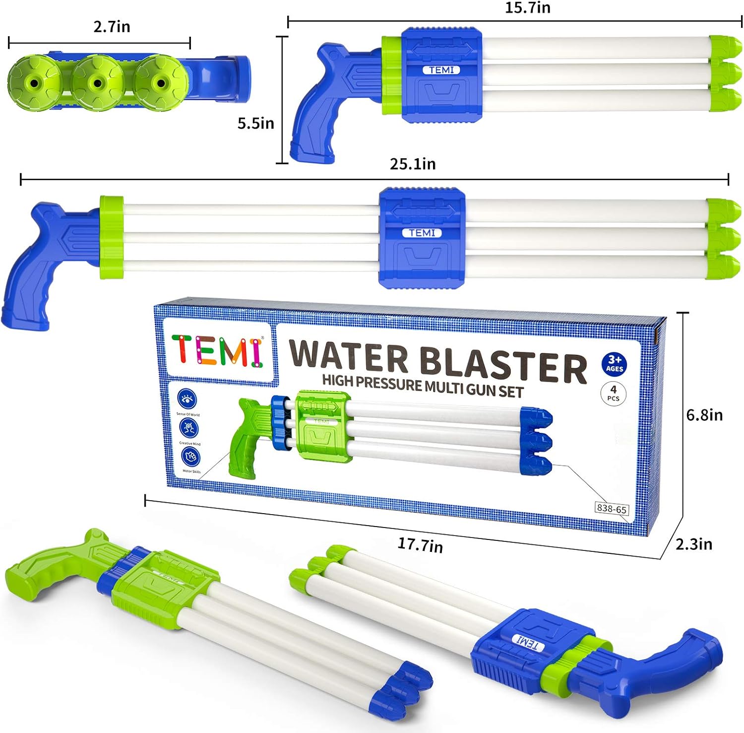 TEMI Super Water-Blaster Squirt Water-Guns - 4 Pack Water Soaker Blaster w/ 3 Nozzles Shooting, Water Pistol for Outdoor Activities, Swimming Pool Toys for Kids Boys & Adults: Toys & Games