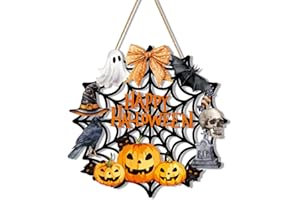 RUTIYOKA Halloween Wreaths for Front Door Welcome Sign Happy Halloween Wall Decorations Wooden Spider Web Ghost Black Cat Pumpkin Hanging Wall Decor Indoor Holiday Decor