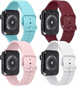 Tobfit 4 Pack Compatible with Apple Watch Bands 42mm 44mm 38mm 40mm, Soft Silicone Replacement Strap Compatible with iWatch Series 6 5 4 3 SE (Wine Red/White/Pink/Light Blue, 42mm/44mm M/L)