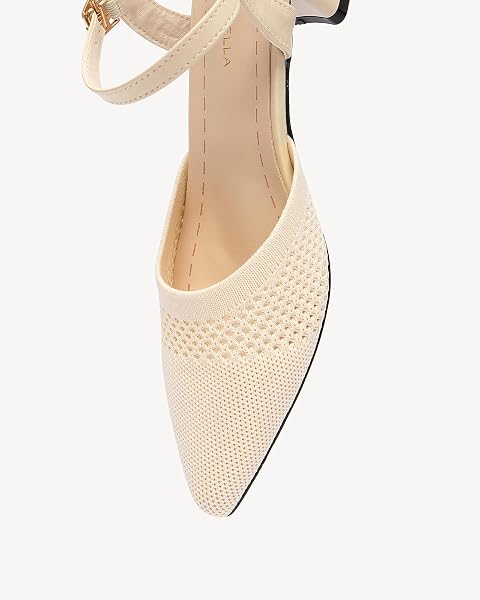 NEWBELLA WOMEN’S KNIT POINTED TOE CHUNKY HEEL SANDALS – CHUNKY BLOCK HEEL SUMMER SHOES, BREATHABLE SANDALS FOR BUSINESS AND DAILY WEAR,CREAM 7.5
