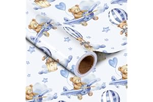 LeZakaa Baby Bear Wrapping Paper Roll, Blue Teddy Bear in Hot Air Balloon Design for Baby Boy Birthday, Baby Shower, Mini Roll, 17 inches x 32.8 Feet (46.45 sq.ft.)