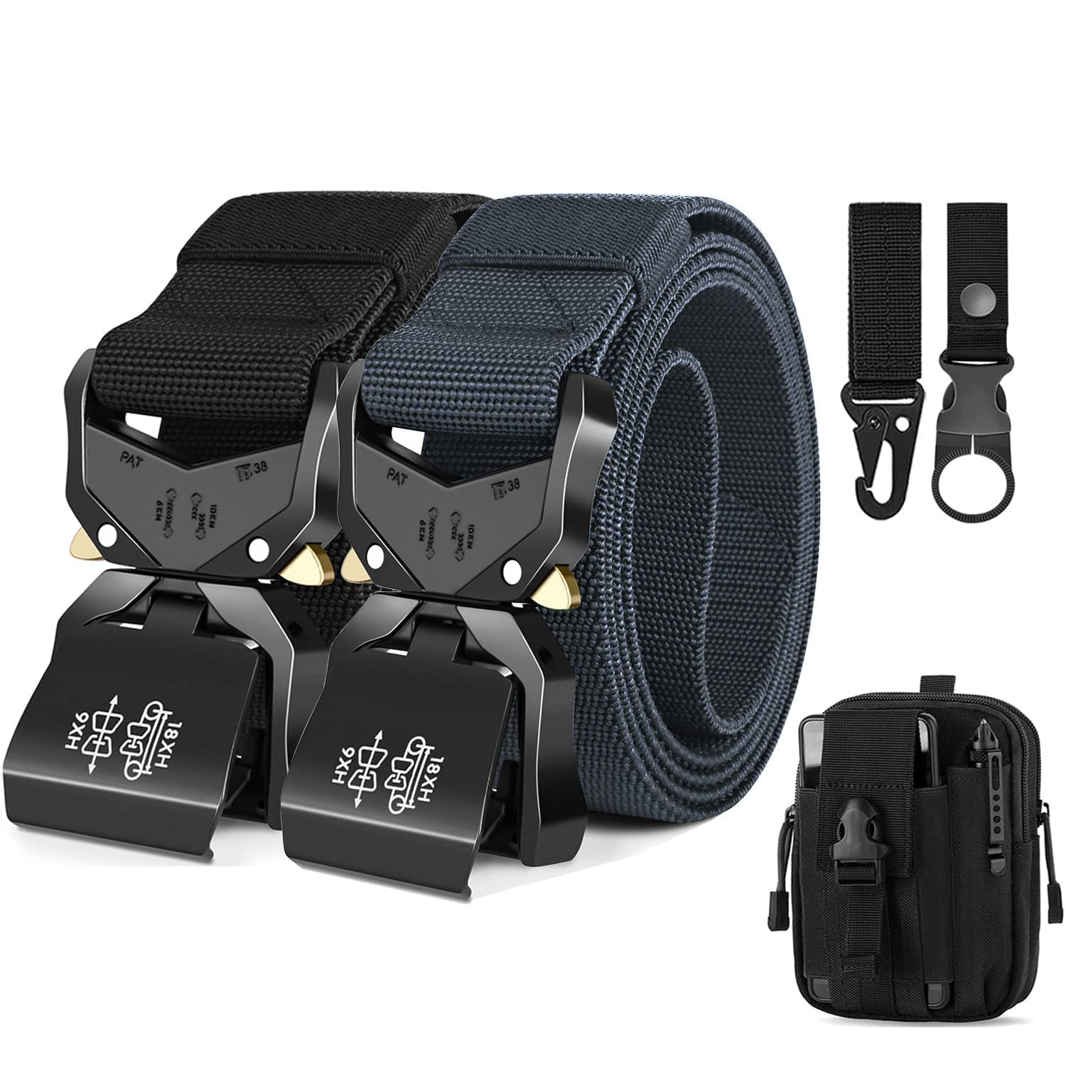 Leskyair 2PCS Men Tactical Belt, Military Work Belt Rigger 1.5" Nylon with Heavy Duty Quick Release Metal Buckle, Gift with Molle Pouch, Hook and Bottle Clip