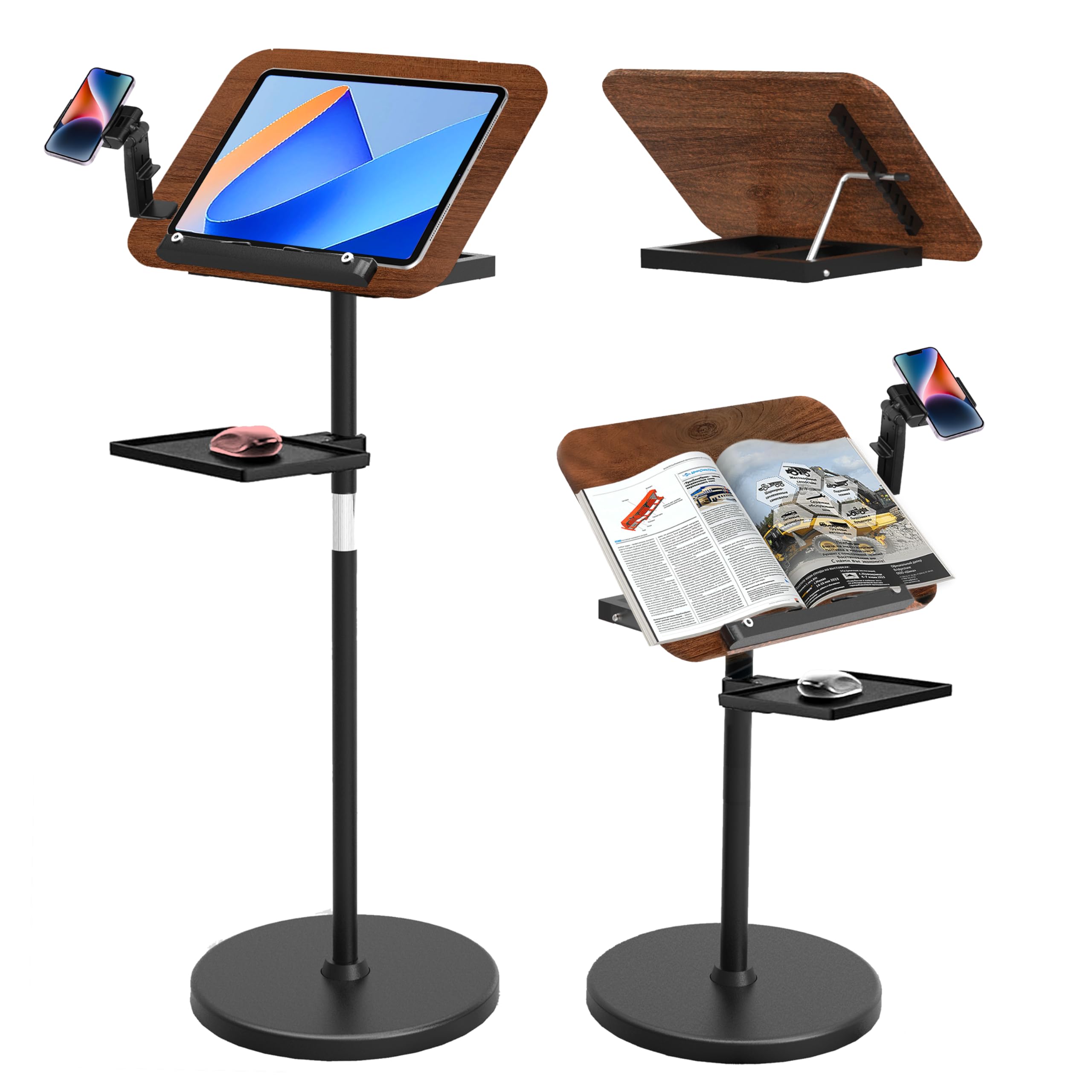 Photo 1 of 2 in 1 Adjustable Music Stand for Sheet Music, Dual Use Desktop and Floor, Book Stand with Tray & Elastic Page Clips for Music Sheet, Recipe, Tablet, Laptop Height Adjustable 23.5-52 in (Walnut)