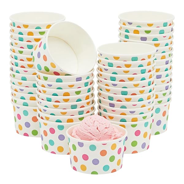 BLUE PANDA PAPER ICE CREAM CUPS – 50 COUNT, RAINBOW POLKA – DISPOSABLE FOR SUNDAES & SNACKS – ICE CREAM BOWLS – PARTY SNACK CUPS