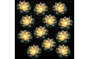 LACGO 12 PCS Waterproof Floating Lotus Light - 6'' Floating Flower Light Battery Operated Water Activated Warm White Pool Flower Lamp Wedding Anniversary Garden Decoration(6 Inch, White)