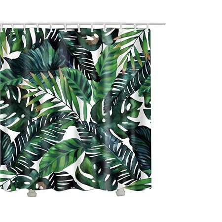 Qees Anti Mildew Shower Curtain With Watercolor Banana Palm Leaves