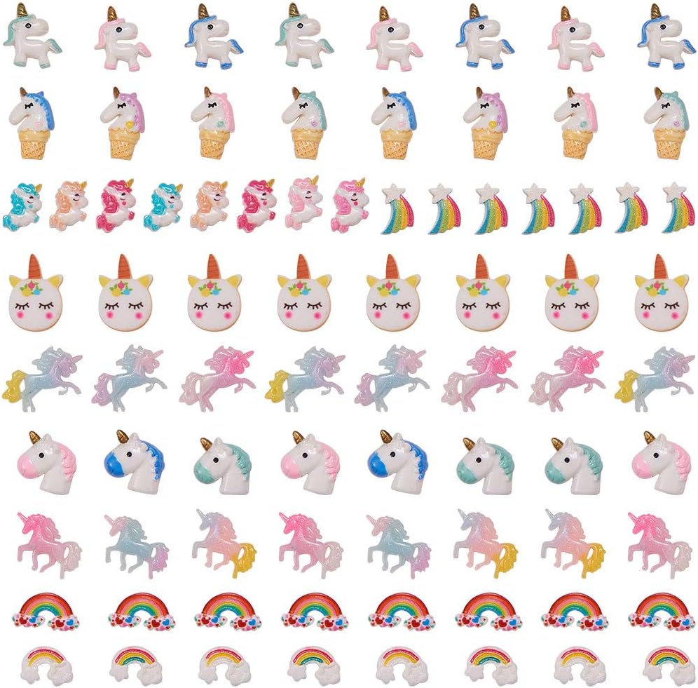 SUNNYCLUE 80PCS 10 Styles Unicorn Rainbow Theme Resin Flatback Cabochons Slime Beads Charms for DIY Phone Decor Scrapbooks Embellishments Hair Costume Accessories Ornaments